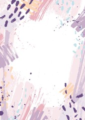Poster - Creative vertical backdrop decorated with pink and purple pastel paint traces, blots and brush strokes on white background. Hand painted frame or border. Artistic vector illustration in grunge style.