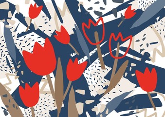 Poster - Abstract background with stylized red blooming tulip flowers. Unusual colorful horizontal backdrop with natural decorations. Creative decorative vector illustration in contemporary art style.