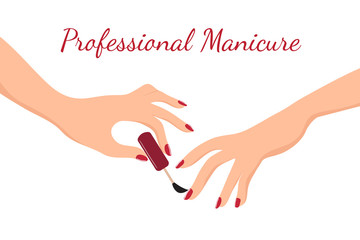 Young girl hands doing manicure with red nail polish. Beauty, body care and nail salon vector concept