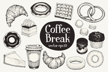 Wall Mural - Coffee break. Dessert set. Vector hand drawn illustrations. Food vintage style. Can be use for bakery and cafe menu.