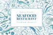 Seafood vector illustration. Can be use for restaurants menu, cover, packaging. Vintage hand drawn banner template. Retro background.