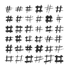 Hashtag And Number Ink Brushed Black Symbols. Hand Drawn Hash And Pounds Vector Sign
