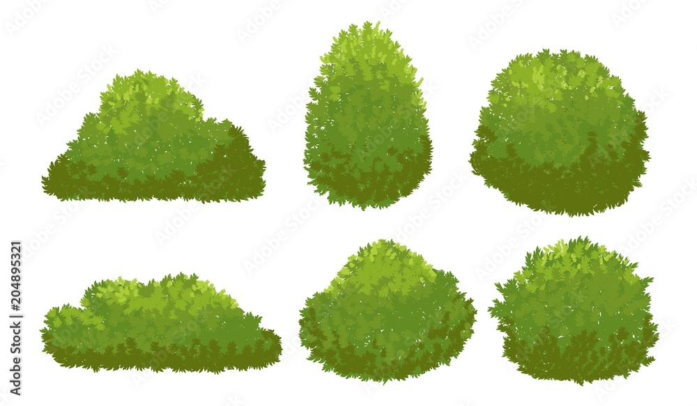 Garden green bushes. Cartoon shrub and bush vector set isolated on white background - obrazy, fototapety, plakaty 