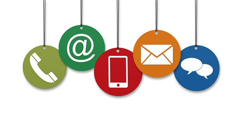 Colored Website and Internet contact us page concept with hanging icons in front of a white background