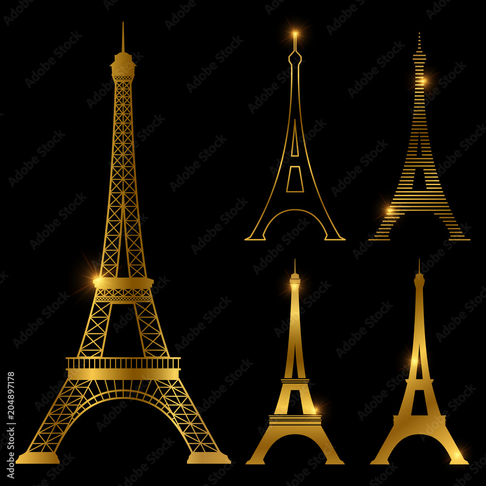Different golden eiffel tower vector landmark set. Paris symbol icons - obrazy, fototapety, plakaty 