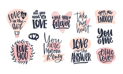 Collection of stylish Valentine's day lettering handwritten with elegant cursive font. Romantic phrases, slogans decorated by pink hearts isolated on white background. Hand drawn vector illustration.