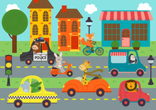Transport With Animals In Town - Vector Illustration, Eps
