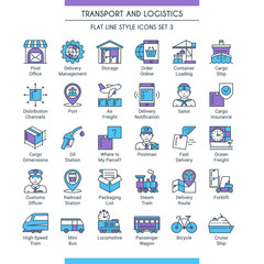 Transport and logistic icons set. Modern icons on theme delivery, packaging, navigation and transportation. Flat line design icons collection. Vector illustration