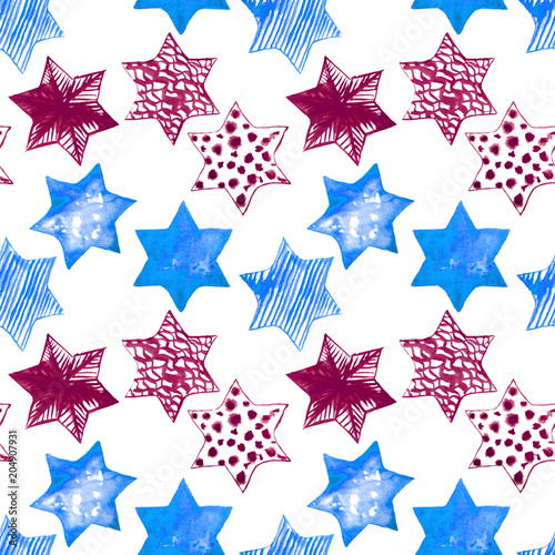Cotton fabric Seamless Watercolor Stars Pattern. Magic Festive Background. Hand Drawn Doodle Stars. Baby Design. Abstract Rapport for Wallpaper, Textile, Linen, Wrapping, Posters, Cards, Banner. New Year, Birthday
