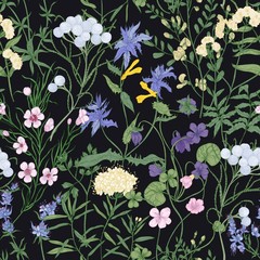 Poster - Elegant seamless pattern with gorgeous blooming wild flowers and beautiful flowering herbs on black background. Botanical realistic vector illustration for wallpaper, fabric print, wrapping paper.