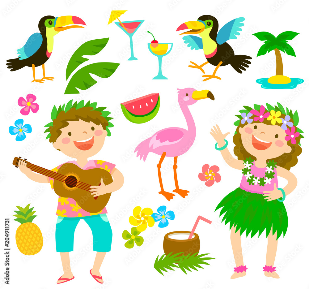 Vector de Stock Happy kids with Hawaiian outfits together with tropical  themed items. | Adobe Stock, image size:1000x934