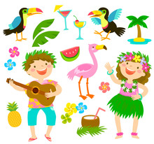 Happy Kids With Hawaiian Outfits Together With Tropical Themed Items.