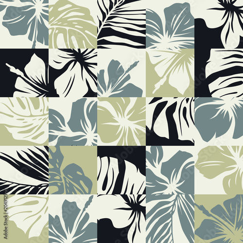 Fototapeta na wymiar Basic CMYTropical leaves and hibiscus flowers vector abstract patchwork seamless pattern