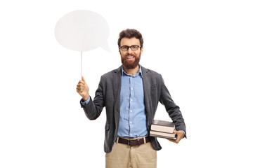 Poster - Professor holding a chat bubble and books