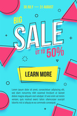 Poster - Trendy flat geometric vector banner. Vivid colorful banner in retro poster design style. Vintage colors and shapes. Yellow, magenta and cyan colors. Big Sale label.
