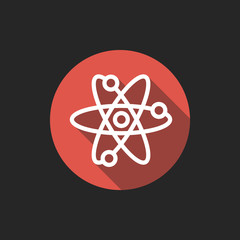 Poster - Elegant Universal White Minimalistic Thin Line Atom Icon with Shadows on Circular Color Button on Black Background 