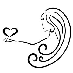 Wall Mural - Girl with long hair, with a heart in her hands