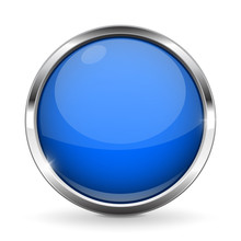 Blue Button With Chrome Frame. Round Glass Shiny 3d Icon