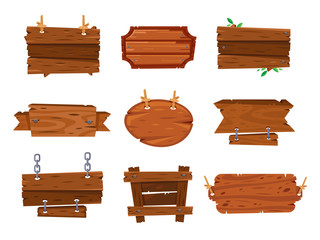 Poster - cartoon wood boards signs and brown wooden banners. timber plate plank, cartoons sketch board sign i