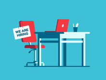 We Are Hiring Employment Sign On Vacant Workplace. New Company Executives Vacancy. Empty Office Armchair For Executive Vector Concept