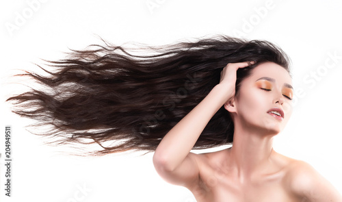 Beautiful Brunette Naked Shoulders Girl With Flying Horizontally
