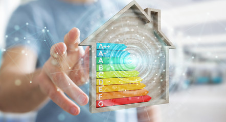 Wall Mural - businessman using 3d rendering energy rating chart in a wooden house