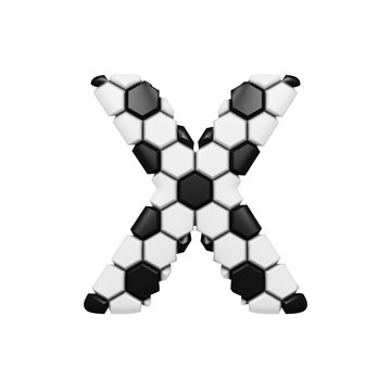 Alphabet letter X uppercase. Soccer font made of football texture. 3D render isolated on white background.