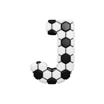 Alphabet letter J uppercase. Soccer font made of football texture. 3D render isolated on white background.