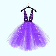 Black and ultraviolet fancy dress for special event with decor. Vector Fashion illustration for online shop