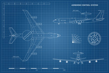 Outline Blueprint Of Military Aircraft. Top, Front And Side Jet View. Army Airplane With Airborne Warning And Control System.  Industrial Isolated Drawing