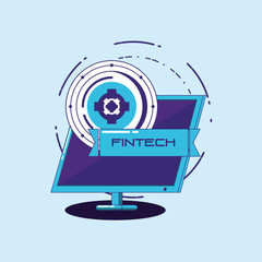 Sticker - Fintech concept with computer and gear wheel over blue background, vector illustration