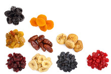 Set Of Dried Fruits Isolated On White Background With Copy Space For Your Text. Top View. Flat Lay