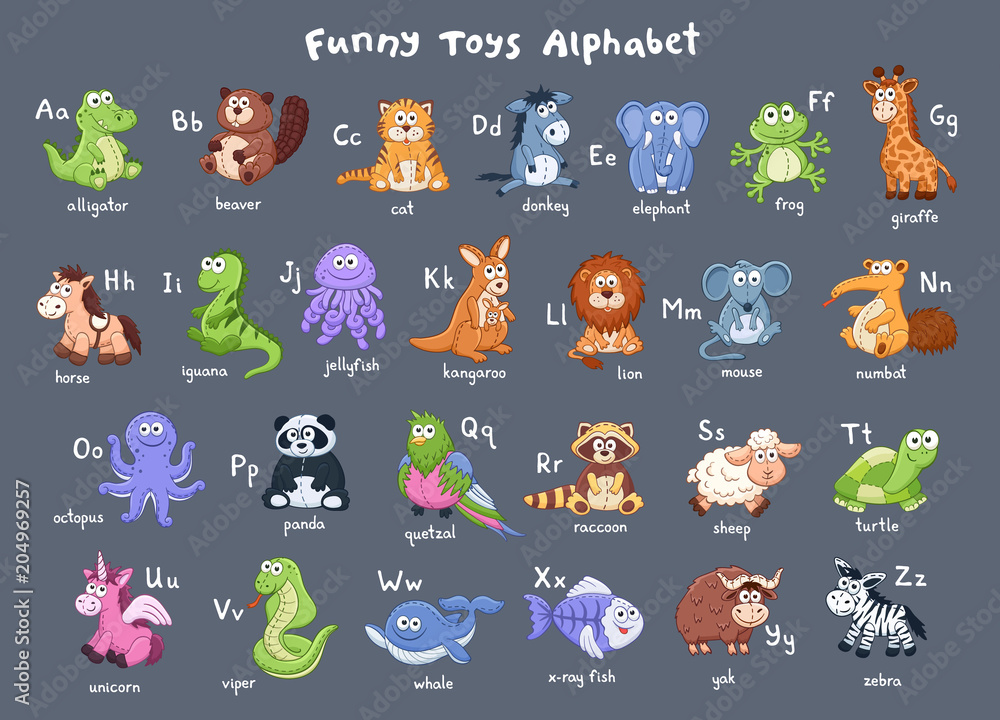 Funny Animals Alphabet Cute Cartoon Animals With Latin Letters On Dark Background Plush Toys Collection Vector Illustration Of Adorable Baby Animals Wall Mural Ollymolly Funny Animals Alphabet Cute Cartoon Animals With Latin Letters On Dark Background Plush Toys Collection Vector Illustration Of Adorable Baby Animals Wall Mural Ollymolly