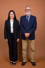 Mature multi-ethnic business couple against brown background