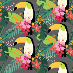 Wall Mural - Tropical jungle seamless pattern with toucan bird, hibiscus flowers and palm leaves. Flat design, vector illustration background.