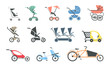 Vector illustration of baby strollers. Flat icon set  of various baby strollers and other types of baby rides.