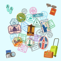 Poster - Vector concept illustration with post marks and immigration stamps all over the world and cartoon baggage, camera and flip flops