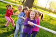a group of small preschool children play a tug of war in the park. Outdoor games, childhood, friendship, leadership, children's day.