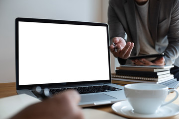 Poster - Laptop with blank screen on table. Workspace background new project on laptop computer with blank copy space screen for your advertising text message