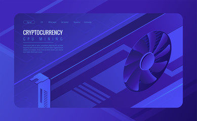 Poster - isometric gpu mining landing page concept. mining crypto currency, video card server farm, data proc