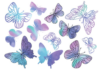 Wall Mural - Cartoon Clipart PURPLE BUTTERFLIES Color Vector Illustration Magic Beautiful Picture Paint Drawing Set Scrapbooking Baby Book Fairytale Greeting Print Card Album Digital Paper Birthday