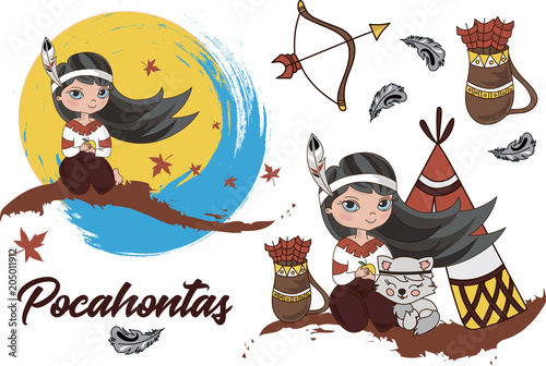 Fotomural Cartoon Clipart POCAHONTAS Color Vector Illustration Magic Beautiful Picture Pai