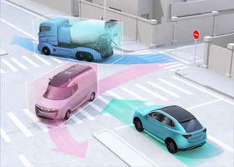 Autonomous cars sharing car's driving information on the road. Concept for connected car. 3D rendering image.