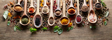 Herbs And Spices On Wooden Board