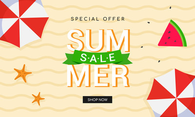 Wall Mural - Summer sale banner vector illustration. top view of sandy beach background