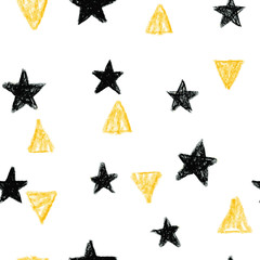 Abstract seamless scandinavian pattern with black stars and yellow triangles