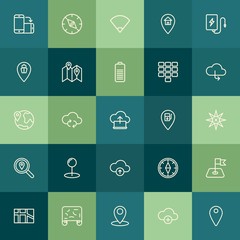Poster - Modern Simple Set of location, cloud and networking, mobile Vector outline Icons. Contains such Icons as battery, flag,  direction,  phone and more on green background. Fully Editable. Pixel Perfect.