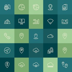 Poster - Modern Simple Set of location, cloud and networking, mobile Vector outline Icons. Contains such Icons as  signal,  internet,  sim,  street and more on green background. Fully Editable. Pixel Perfect.