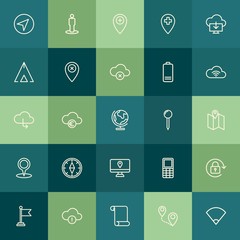 Poster - Modern Simple Set of location, cloud and networking, mobile Vector outline Icons. Contains such Icons as  euro,  internet,  location,  sky and more on green background. Fully Editable. Pixel Perfect.