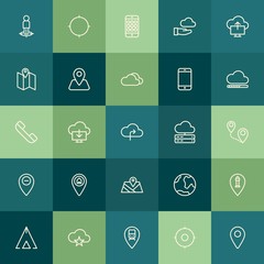 Poster - Modern Simple Set of location, cloud and networking, mobile Vector outline Icons. Contains such Icons as  lighthouse, road,  world,  cloud and more on green background. Fully Editable. Pixel Perfect.